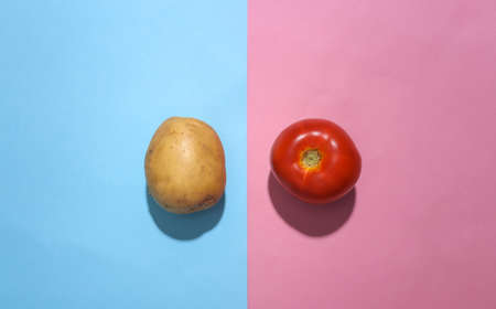 Potato and tomato on blue pink pastel background. Minimalist food flat lay. top viewの写真素材