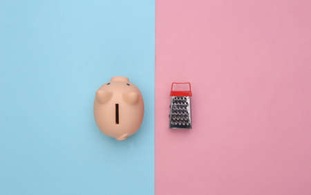 Piggy bank and mini graters on pink blue pastel background. top viewの写真素材