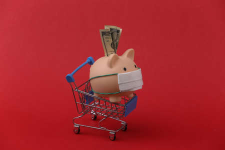 Piggy bank in a medical mask with a shopping trolley on red background. Shopping during covid-19, economic crisis, economyの写真素材