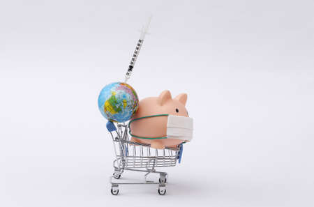 Piggy bank in a medical mask and shopping trolley with globe, syringe on white background. vaccination. Covid-19 pandemicの写真素材