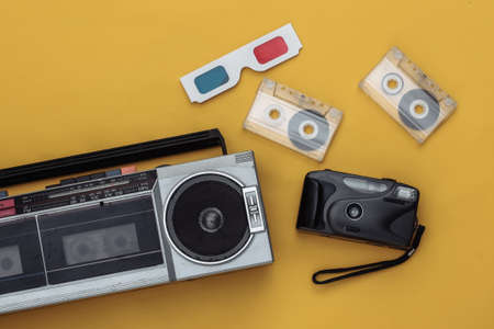 Retro old school attributes 80s on yellow background. top view. flat layの写真素材