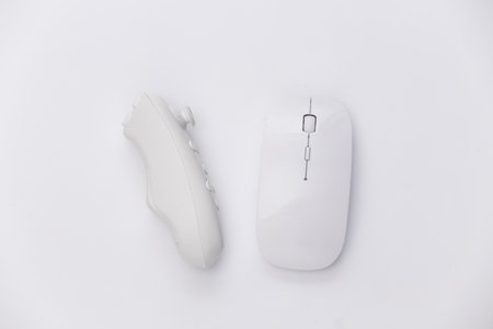 Modern controller and pc mouse on white background. top view. Gadgets and devices. flat lay