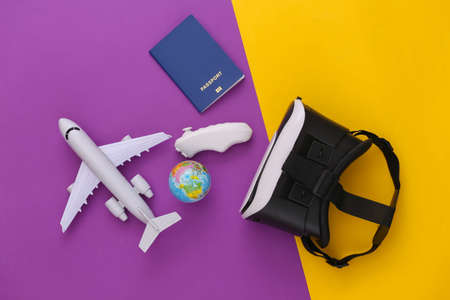Virtual travel. Virtual reality headset with globe, passport and plane on purple yellow background....