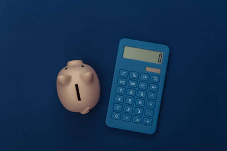 Calculator, piggy bank on classic blue background. Color 2020. Top view.の写真素材