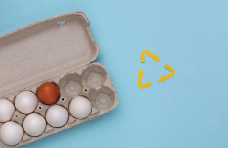 Recycled arrows sign and eggs tray on blue background. top viewの写真素材