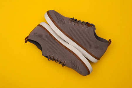 Men's shoes on yellow background. top view