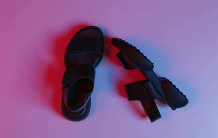 Women's leather sandals in red blue gradient neon light