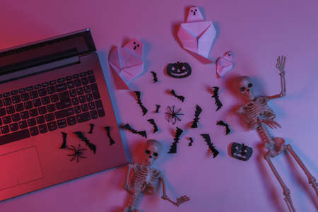 Laptop and paper-cut Halloween decor in pink blue gradient neon light. top view. flat layの写真素材