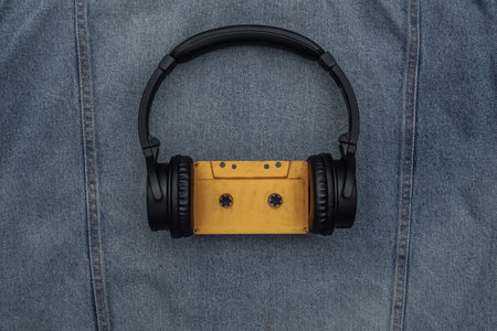 Black stereo headphones with audio cassette on blue jeans background.の写真素材