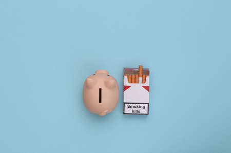 Piggy bank and a pack of cigarettes on a blue background. smoking costs. top viewの写真素材