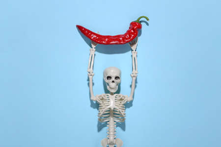 Skeleton holds red chili pepper on a blue background