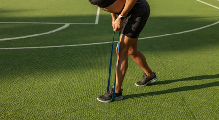 Young slim woman exercises with fitness rubber bands outdoors