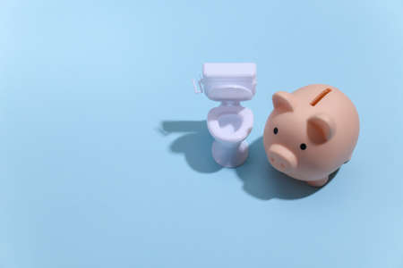 Mini white toilet and piggy bank on blue background with deep shadow. minimalism.