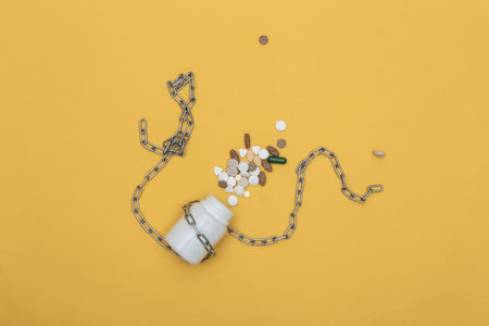 Bottle of pills wrapped in a steel chain on a yellow background. top viewの写真素材