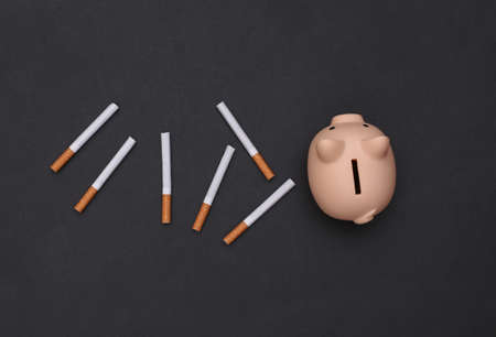 Piggy bank with cigarettes on black background. top viewの写真素材