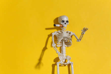 Smoking skeleton with a cigarette in the mouth against a bright yellow background. Smoking killsの写真素材