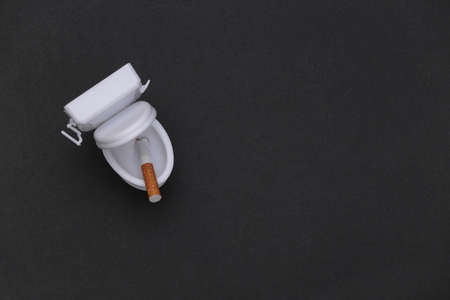 Cigarette in mini toilet bowl on black background. Quitting smoking. top viewの写真素材