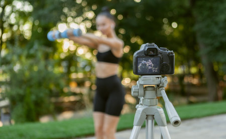 Online fitness trainer. Young attractive fit woman shows how to do exercise with dumbbells, filming blog on camera outdoors in the morning. Sports blog, fitness vlogの写真素材