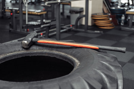 Large wheel with a heavy hammer in a modern gym. fitness equipment. Cross functional training