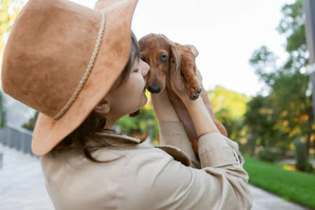Portrait of a young fashion woman and a lovely dachshund puppy in a city park. Mistress and petの写真素材