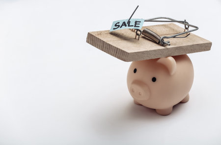 Mousetrap with sale bait and piggy bank on white background. Trap or deception conceptの写真素材
