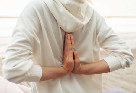 woman meditating. Yoga pose with namasteの写真素材