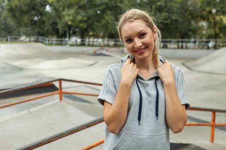 Portrait of a mindless fitness woman outdoors. Healthy lifestyle, intense trainingの写真素材