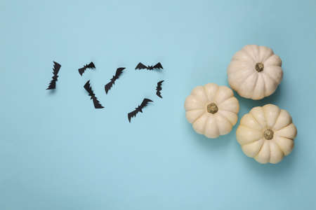 Pumpkins and bats on blue background. Halloween decor. flat lay. top view