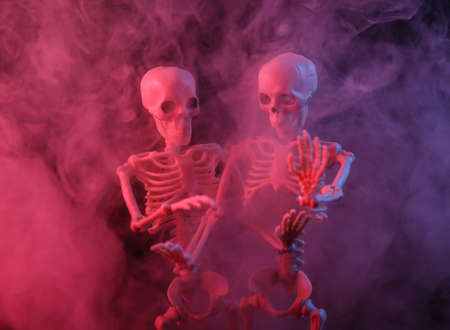 Skeletons in dense smoke with red purple neon light. Scary Halloween themeの写真素材