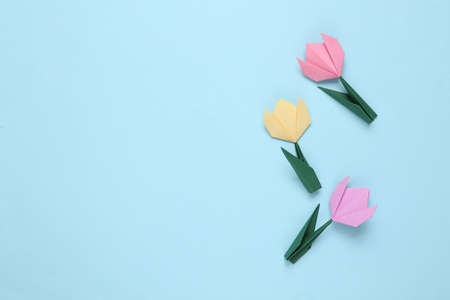 Origami bright tulip flowers on blue paper background. copy spaceの写真素材