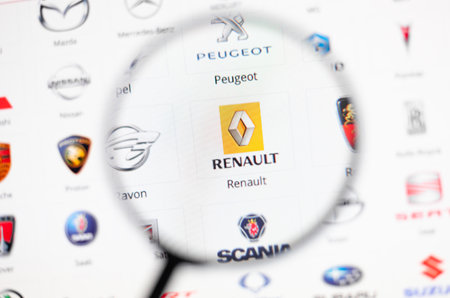 Odessa, Ukraine - December 17, 2020: Renault on monitor screen under magnifying glass.のeditorial素材