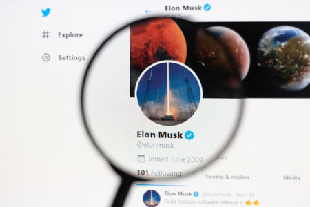 Odessa, Ukraine - December 17, 2020: Elon Mask Official twitter web page on screen through...