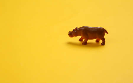Hippo figurine on yellow background. top view