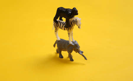 Toy wild animals on yellow background. Save animals concept.の写真素材