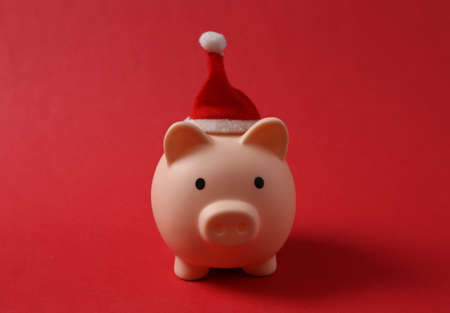 Piggy bank with santa hat on red background. christmas conceptの写真素材