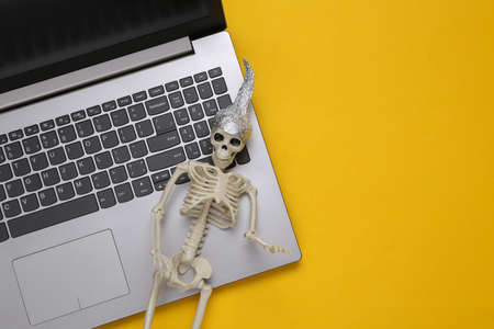 Skeleton in foil hat and laptop on yellow background. Conspiracyの写真素材