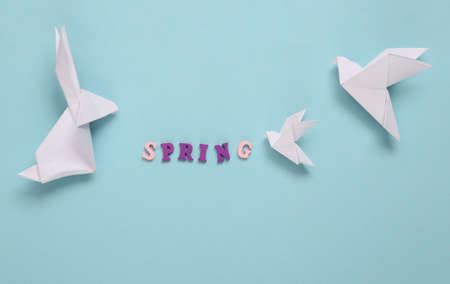 Origami rabbit, doves and the word spring on blue background. spring compositionの写真素材