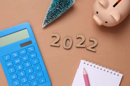 Economy and budget 2022. Calculator, Christmas tree, notebook and piggy bank on brown backgroundの写真素材