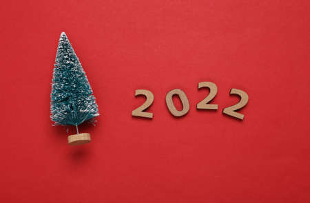 2022 and mini christmas tree on red background. Christmas, new year compositionの写真素材