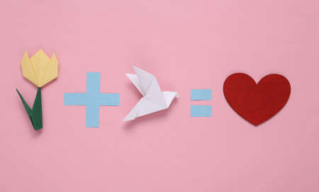 spring composition. Equation with origami tulip, dove and heart on pink background