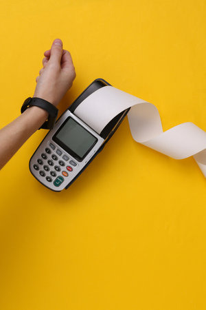 contactless payment. Hand with smart bracelet pays payment terminal on yellow background