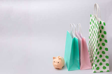 Paper shopping bags and piggy bank on white background. save money. shopping conceptの写真素材