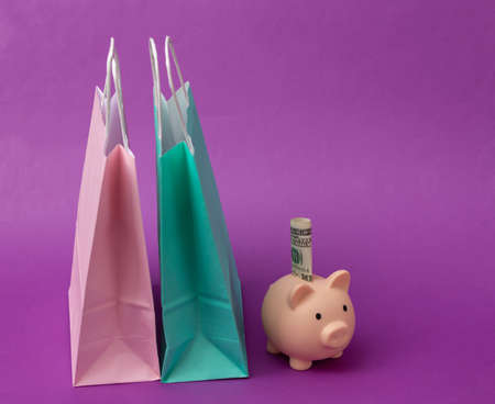 Paper shopping bags and piggy bank on purple background. save money. shopping concept