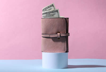Purse with dollar bills on stand. blue pink pastel backgroundの写真素材