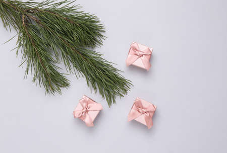 Pine branch with gift boxes on a gray background. Christmas, new year background