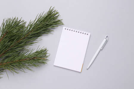 Pine branch and notebook on gray background. Christmas, new year backgroundの写真素材