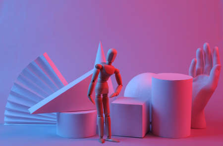 Geometric shapes, puppet and hand in red-blue gradient light. creative showcase. Surrealism. Concept art, retro futurism, minimalismの写真素材