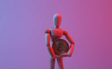 Wooden puppet holding bitcoin in red blue neon lightの写真素材