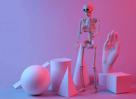 Halloween creepy showcase. Skeleton and geometric shapes in red blue neon light. concept artの写真素材