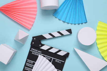 Movie clapperboard on abstract background with geometric shapes. minimalism. concept art. creative...